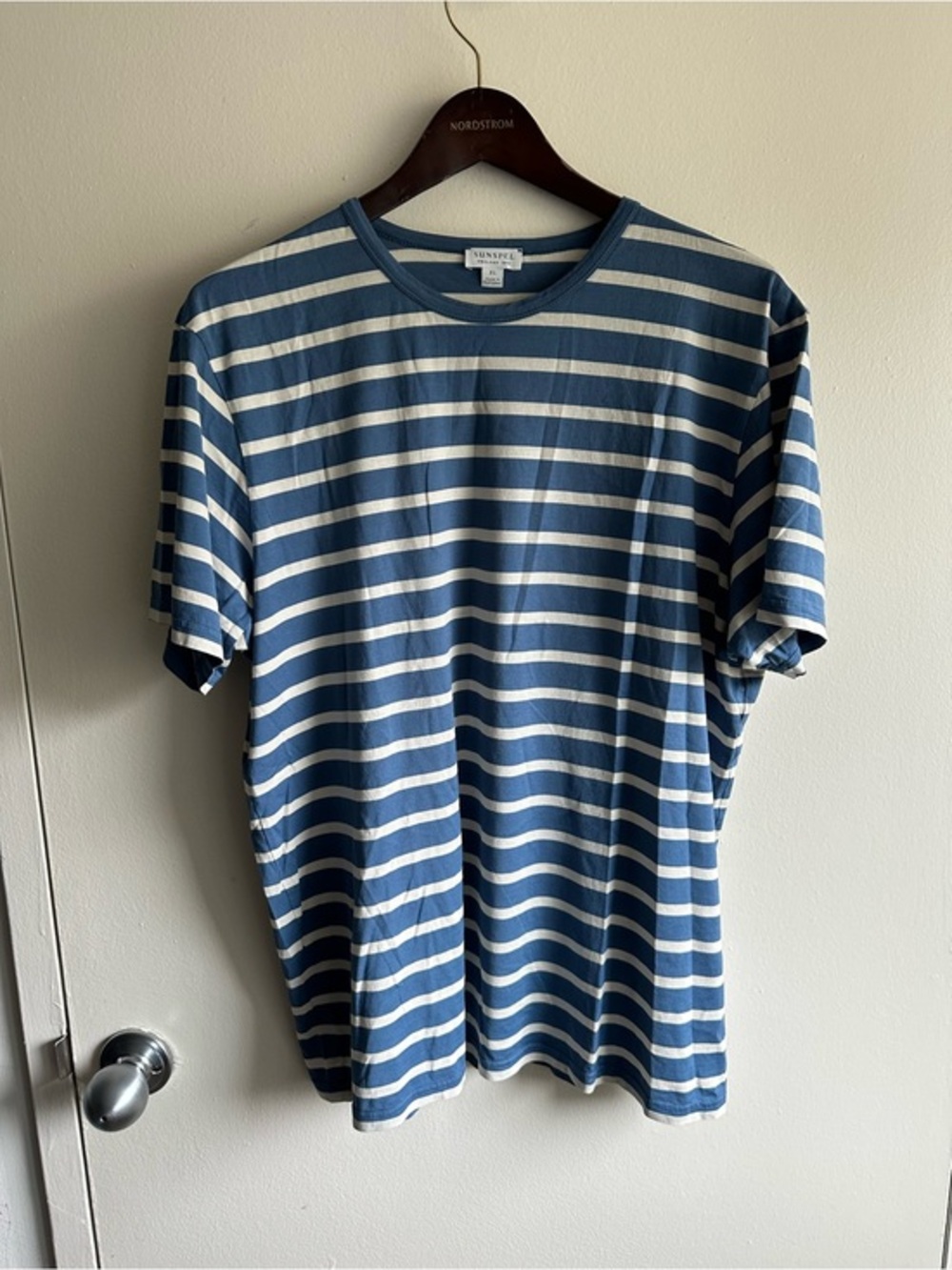 Sunspel Blue and White Striped Short Sleeve Crew Tee US XL